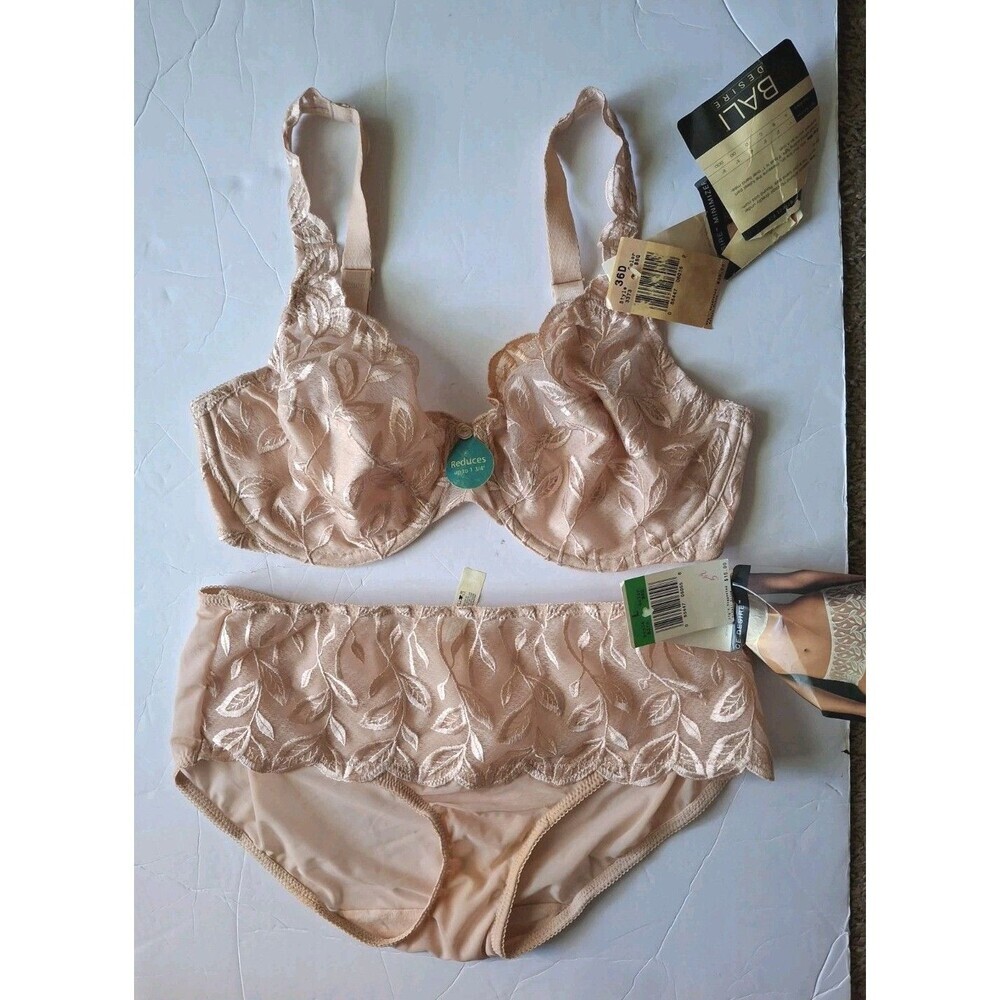 Vtg Bali Lace Desire Minimizer Underwire Bra Panty Set Size 36D Large Peach New